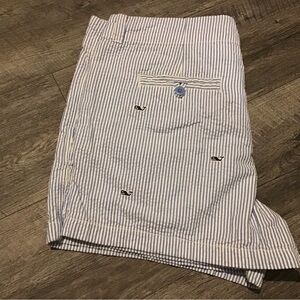Striped Seersucker Embroidered Whale Shorts - Blue & White